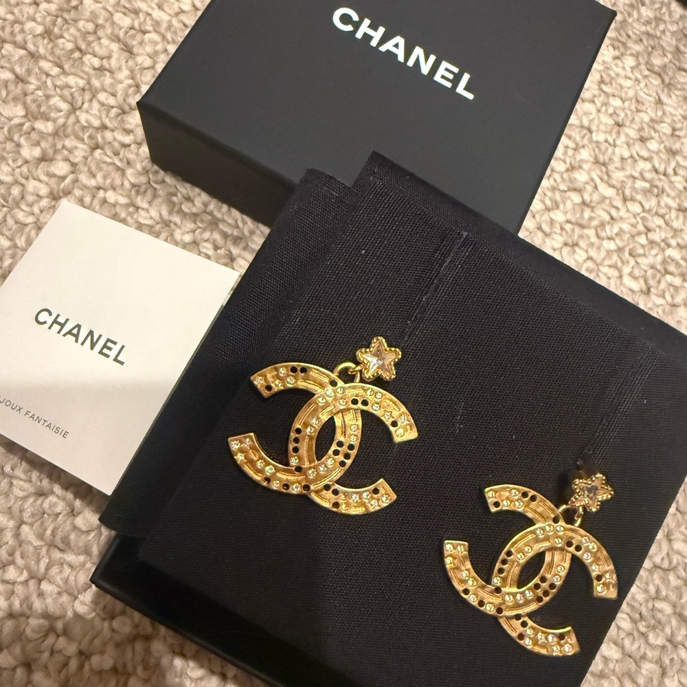 CHANEL Gold Logo Earrings